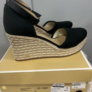 Michael Kors Black and Tan Wedge Sandals